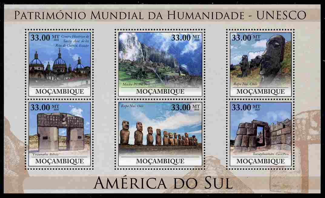 Mozambique 2010 UNESCO World Heritage Sites - South America #1 perf sheetlet containing 6 values unmounted mint, Yvert 3182-87, stamps on tourism, stamps on unesco, stamps on heritage