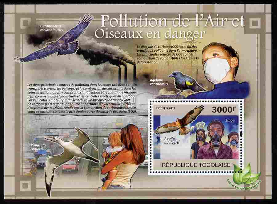 Togo 2011 Air Pollution & Endangered Birds perf s/sheet unmounted mint, stamps on , stamps on  stamps on environment, stamps on  stamps on animals, stamps on  stamps on  wwf , stamps on  stamps on birds, stamps on  stamps on cars, stamps on  stamps on 