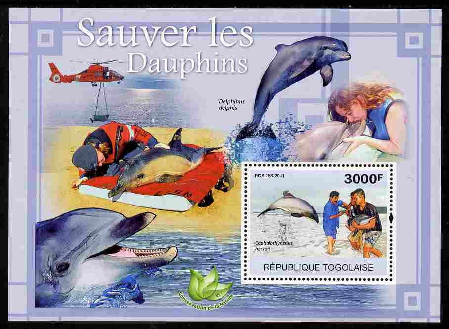 Togo 2011 Save the Dolphins perf s/sheet unmounted mint, stamps on whales, stamps on dolphins, stamps on helicopters