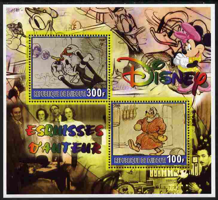 Djibouti 2006 Disney - Original Sketches #1 perf sheetlet containing 2 values unmounted mint. Note this item is privately produced and is offered purely on its thematic appeal, stamps on , stamps on  stamps on disney, stamps on  stamps on films, stamps on  stamps on cinema, stamps on  stamps on movies, stamps on  stamps on cartoons