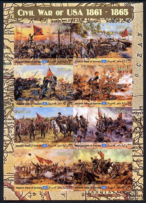 Maakhir State of Somalia 2010 The American Civil War imperf sheetlet containing 8 values unmounted mint, stamps on , stamps on  stamps on americana, stamps on  stamps on battles, stamps on  stamps on militaria, stamps on  stamps on flags, stamps on  stamps on horses, stamps on  stamps on 