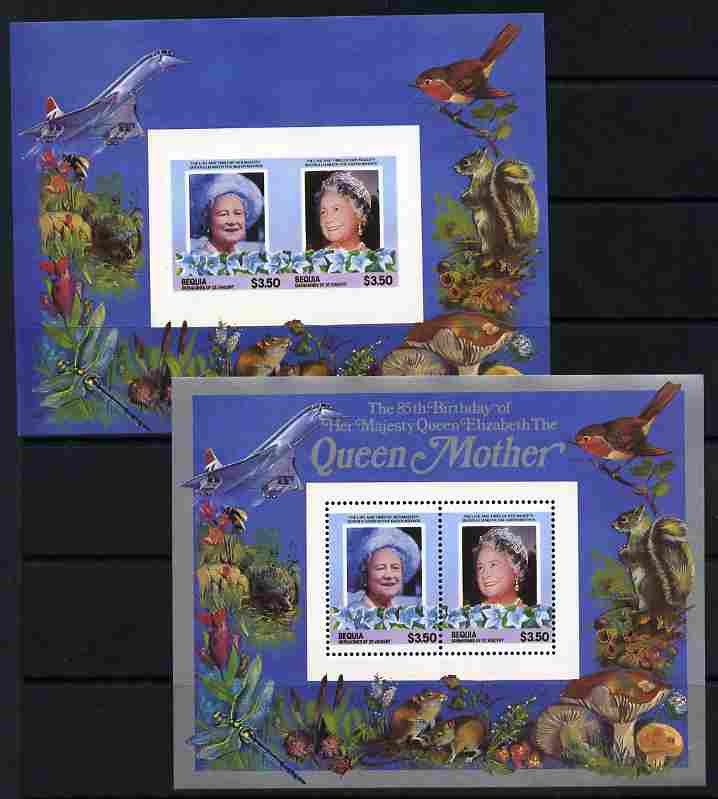 St Vincent - Bequia 1985 Life & Times of HM Queen Mother m/sheet containing 2 x $3.50 stamps imperforate and with silver printing omitted, complete with normal both unmou..., stamps on animals, stamps on aviation, stamps on birds, stamps on butterflies, stamps on fungi, stamps on royalty, stamps on queen mother, stamps on concorde, stamps on aviation