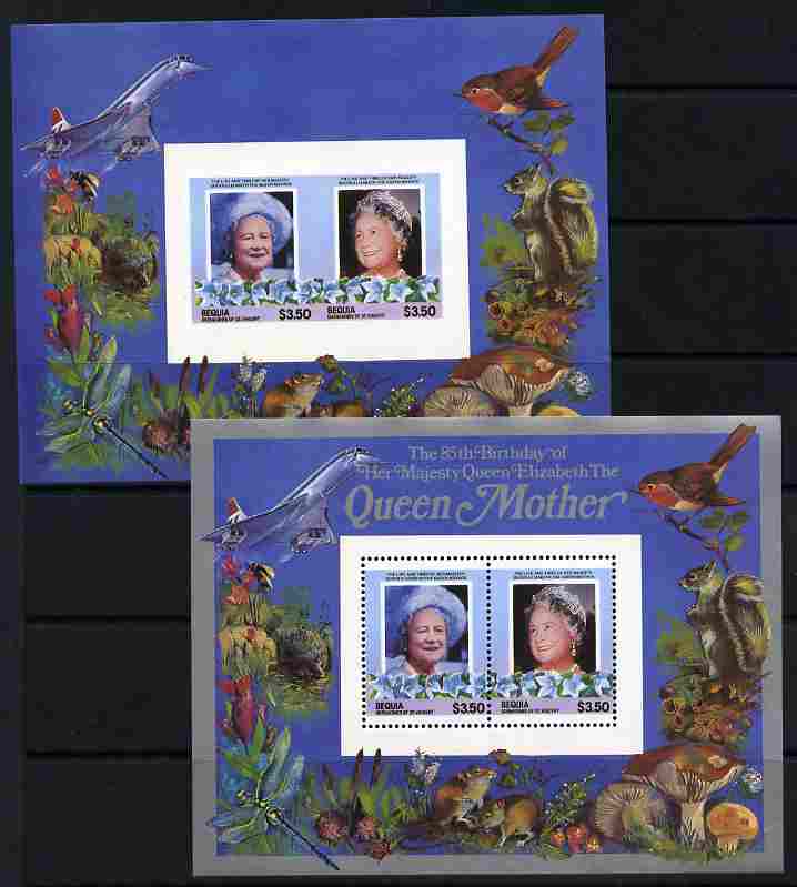 St Vincent - Bequia 1985 Life & Times of HM Queen Mother m/sheet containing 2 x $3.50 stamps imperforate and with silver printing omitted, complete with normal both unmounted mint, stamps on , stamps on  stamps on animals, stamps on  stamps on aviation, stamps on  stamps on birds, stamps on  stamps on butterflies, stamps on  stamps on fungi, stamps on  stamps on royalty, stamps on  stamps on queen mother, stamps on  stamps on concorde, stamps on  stamps on aviation