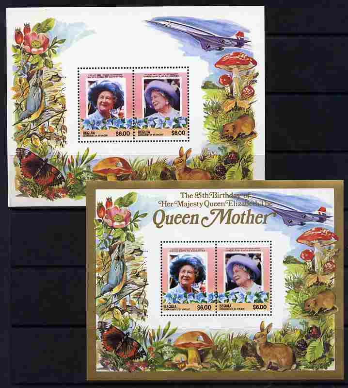 St Vincent - Bequia 1985 Life & Times of HM Queen Mother m/sheet containing 2 x $6.00 stamps with gold printing omitted, complete with normal both unmounted mint, stamps on , stamps on  stamps on animals, stamps on  stamps on aviation, stamps on  stamps on birds, stamps on  stamps on butterflies, stamps on  stamps on fungi, stamps on  stamps on royalty, stamps on  stamps on queen mother, stamps on  stamps on concorde, stamps on  stamps on aviation