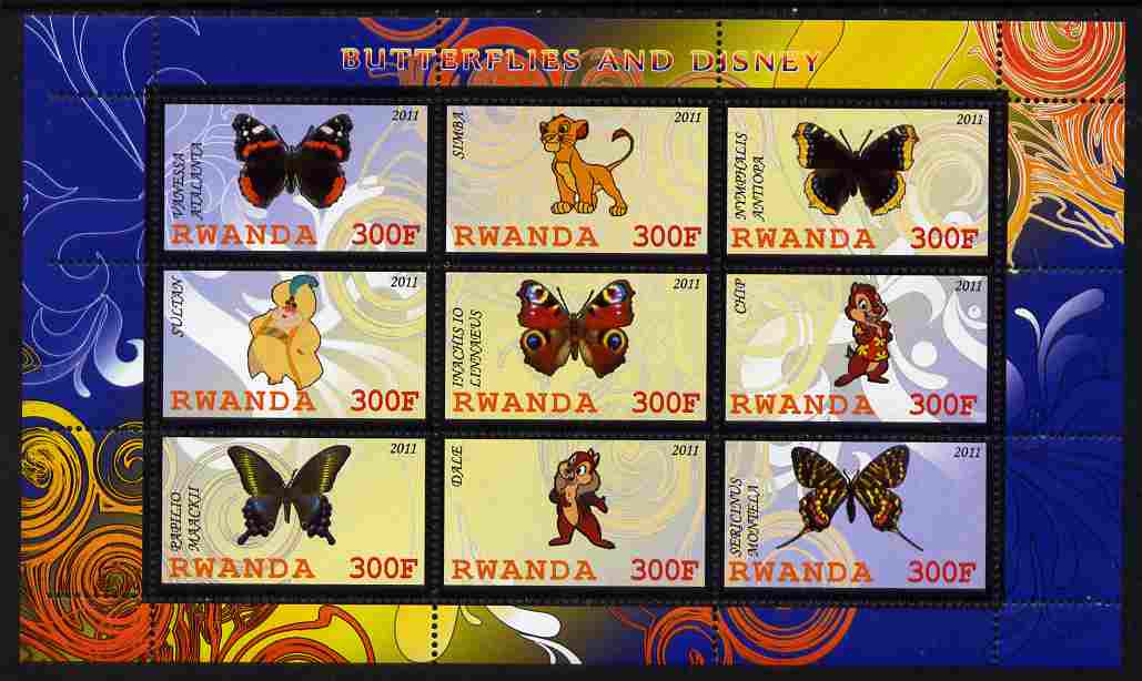 Rwanda 2011 Butterflies & Disney Characters #1 perf sheetlet containing 9 values unmounted mint, stamps on , stamps on  stamps on butterflies, stamps on  stamps on disney, stamps on  stamps on cartoons, stamps on  stamps on films, stamps on  stamps on cinema, stamps on  stamps on movies