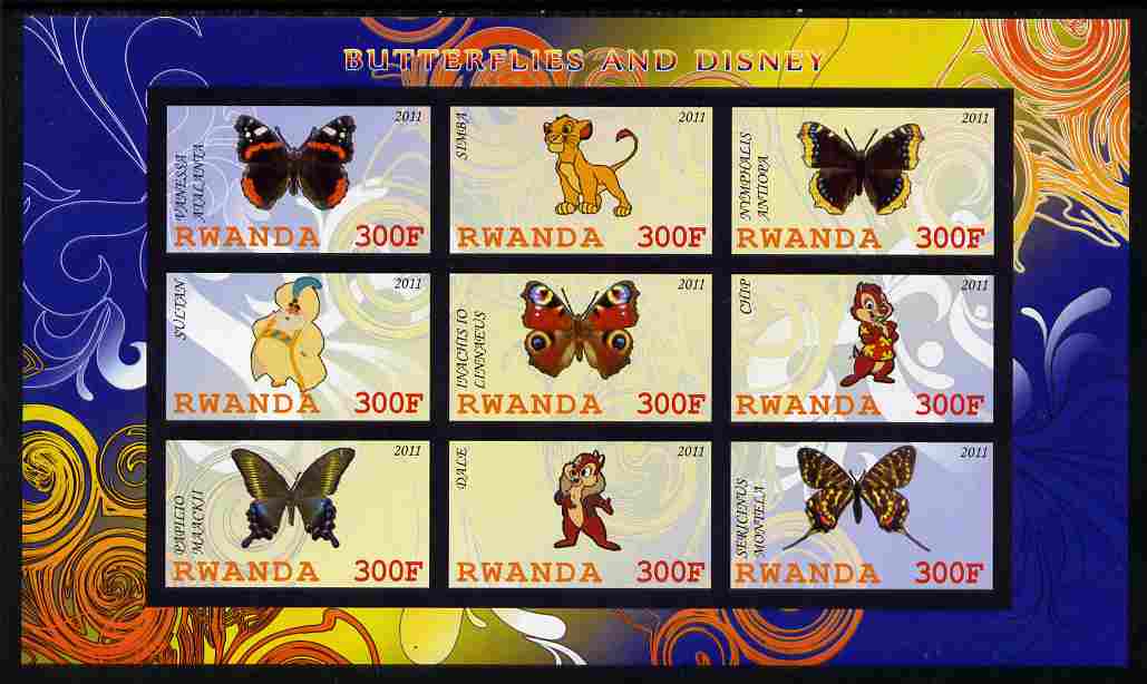 Rwanda 2011 Butterflies & Disney Characters #1 imperf sheetlet containing 9 values unmounted mint, stamps on , stamps on  stamps on butterflies, stamps on  stamps on disney, stamps on  stamps on cartoons, stamps on  stamps on films, stamps on  stamps on cinema, stamps on  stamps on movies