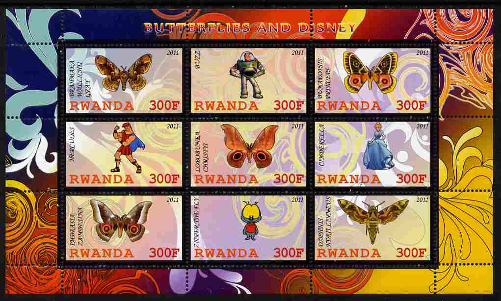 Rwanda 2011 Butterflies & Disney Characters #3 perf sheetlet containing 9 values unmounted mint, stamps on , stamps on  stamps on butterflies, stamps on  stamps on disney, stamps on  stamps on cartoons, stamps on  stamps on films, stamps on  stamps on cinema, stamps on  stamps on movies