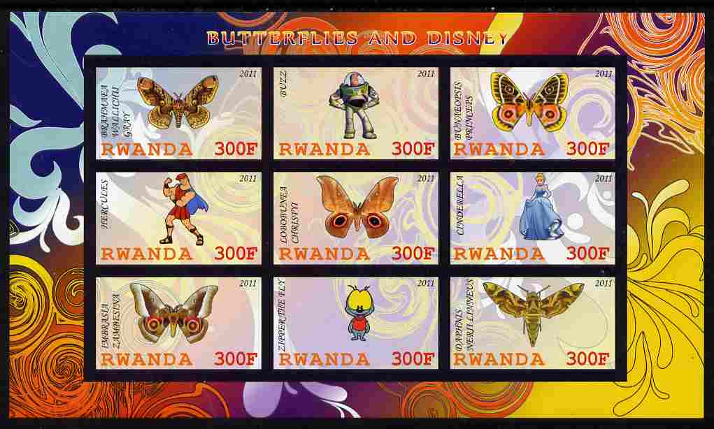 Rwanda 2011 Butterflies & Disney Characters #3 imperf sheetlet containing 9 values unmounted mint, stamps on , stamps on  stamps on butterflies, stamps on  stamps on disney, stamps on  stamps on cartoons, stamps on  stamps on films, stamps on  stamps on cinema, stamps on  stamps on movies