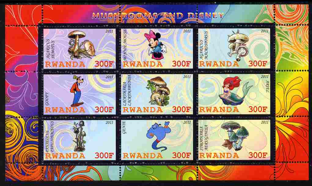 Rwanda 2011 Mushrooms & Disney Characters #2 perf sheetlet containing 9 values unmounted mint, stamps on , stamps on  stamps on fungi, stamps on  stamps on disney, stamps on  stamps on cartoons, stamps on  stamps on films, stamps on  stamps on cinema, stamps on  stamps on movies