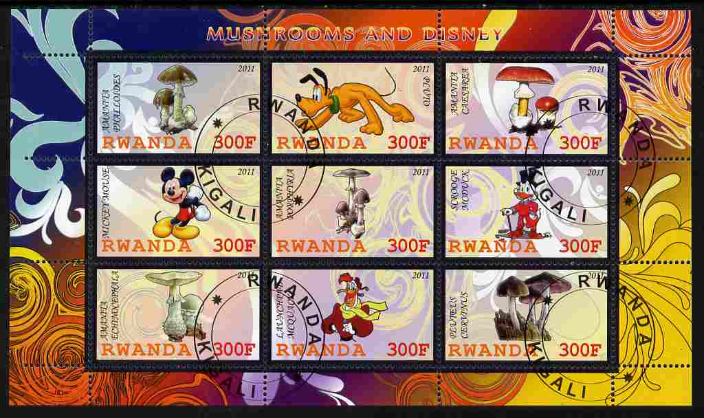 Rwanda 2011 Mushrooms & Disney Characters #3 perf sheetlet containing 9 values fine cto used