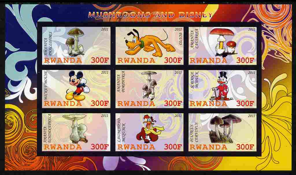 Rwanda 2011 Mushrooms & Disney Characters #3 imperf sheetlet containing 9 values unmounted mint, stamps on , stamps on  stamps on fungi, stamps on  stamps on disney, stamps on  stamps on cartoons, stamps on  stamps on films, stamps on  stamps on cinema, stamps on  stamps on movies