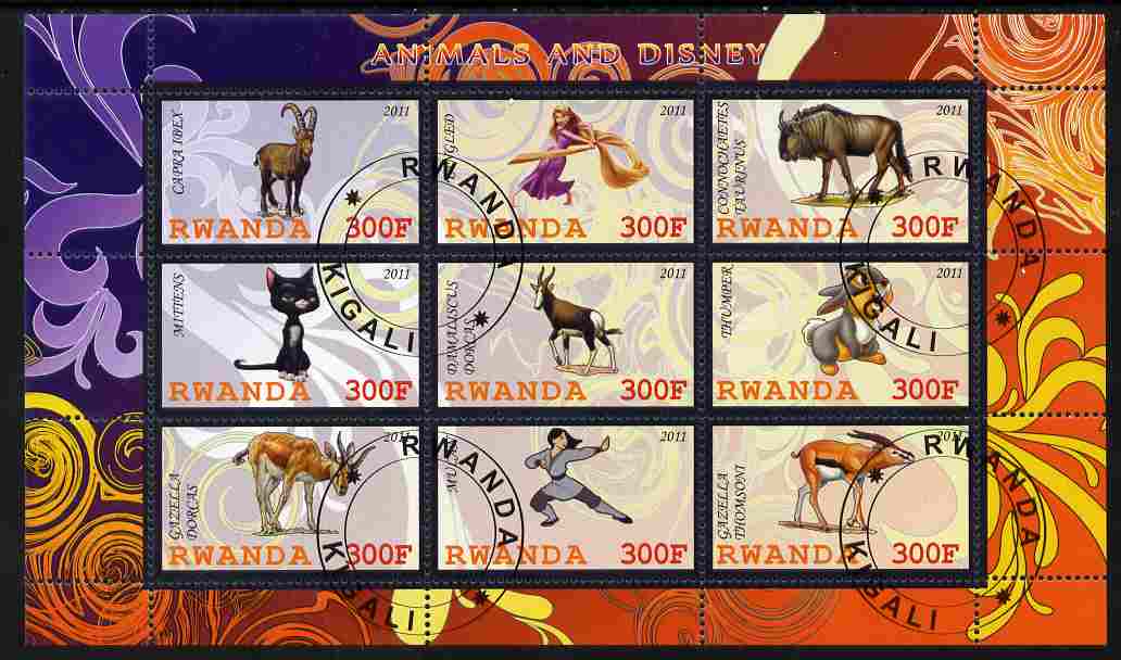 Rwanda 2011 Animals & Disney Characters #2 perf sheetlet containing 9 values fine cto used, stamps on , stamps on  stamps on animals, stamps on  stamps on disney, stamps on  stamps on cartoons, stamps on  stamps on films, stamps on  stamps on cinema, stamps on  stamps on movies, stamps on  stamps on ovine