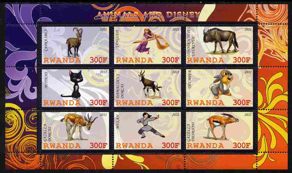 Rwanda 2011 Animals & Disney Characters #2 perf sheetlet containing 9 values unmounted mint, stamps on animals, stamps on disney, stamps on cartoons, stamps on films, stamps on cinema, stamps on movies, stamps on ovine