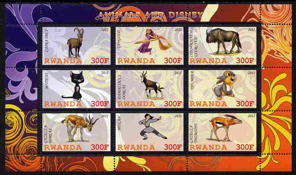 Rwanda 2011 Animals & Disney Characters #2 perf sheetlet containing 9 values unmounted mint, stamps on , stamps on  stamps on animals, stamps on  stamps on disney, stamps on  stamps on cartoons, stamps on  stamps on films, stamps on  stamps on cinema, stamps on  stamps on movies, stamps on  stamps on ovine