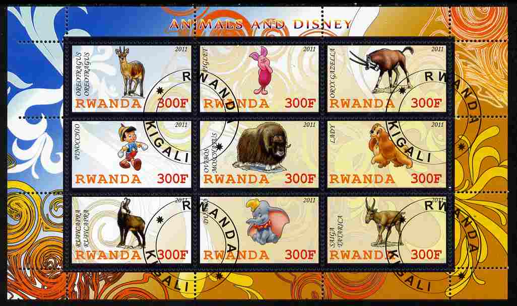 Rwanda 2011 Animals & Disney Characters #3 perf sheetlet containing 9 values fine cto used, stamps on , stamps on  stamps on animals, stamps on  stamps on disney, stamps on  stamps on cartoons, stamps on  stamps on films, stamps on  stamps on cinema, stamps on  stamps on movies, stamps on  stamps on ovine