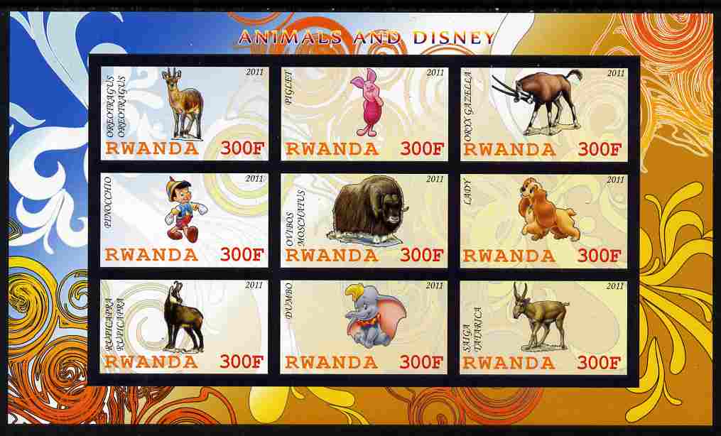 Rwanda 2011 Animals & Disney Characters #3 imperf sheetlet containing 9 values unmounted mint, stamps on animals, stamps on disney, stamps on cartoons, stamps on films, stamps on cinema, stamps on movies, stamps on ovine