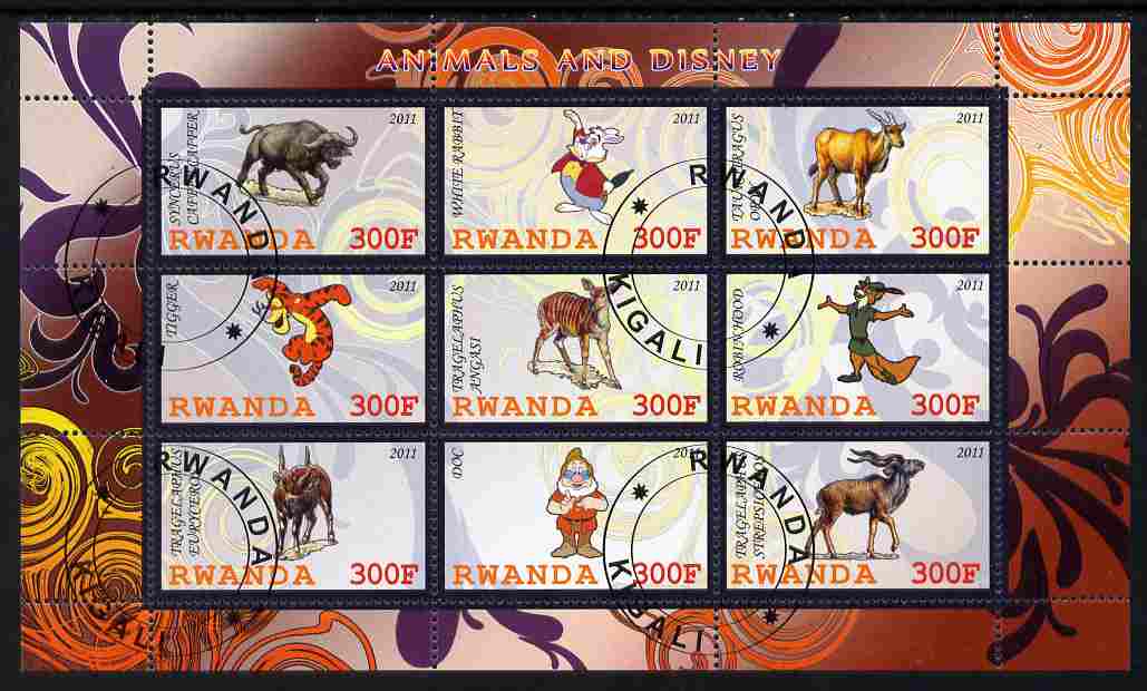 Rwanda 2011 Animals & Disney Characters #5 perf sheetlet containing 9 values fine cto used, stamps on animals, stamps on disney, stamps on cartoons, stamps on films, stamps on cinema, stamps on movies, stamps on bovine