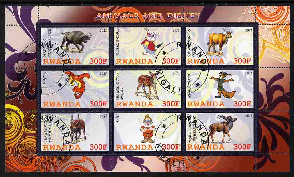 Rwanda 2011 Animals & Disney Characters #5 perf sheetlet containing 9 values fine cto used, stamps on animals, stamps on disney, stamps on cartoons, stamps on films, stamps on cinema, stamps on movies, stamps on bovine