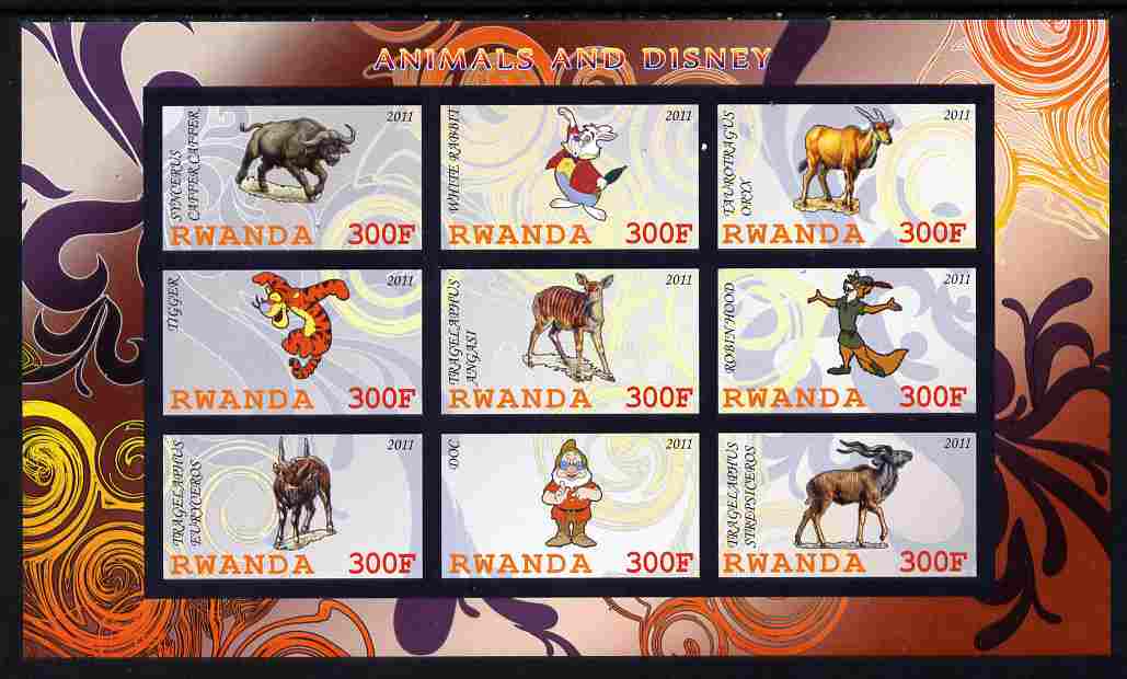 Rwanda 2011 Animals & Disney Characters #5 imperf sheetlet containing 9 values unmounted mint, stamps on animals, stamps on disney, stamps on cartoons, stamps on films, stamps on cinema, stamps on movies, stamps on bovine