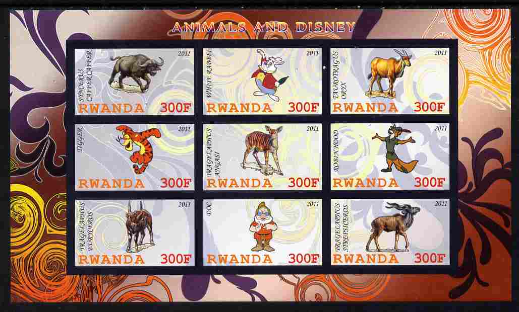 Rwanda 2011 Animals & Disney Characters #5 imperf sheetlet containing 9 values unmounted mint, stamps on , stamps on  stamps on animals, stamps on  stamps on disney, stamps on  stamps on cartoons, stamps on  stamps on films, stamps on  stamps on cinema, stamps on  stamps on movies, stamps on  stamps on bovine