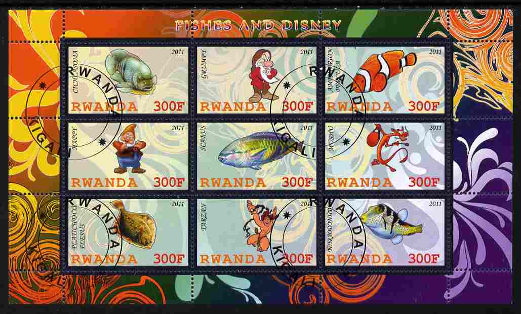 Rwanda 2011 Fish & Disney Characters #1 perf sheetlet containing 9 values fine cto used, stamps on fish, stamps on disney, stamps on cartoons, stamps on films, stamps on cinema, stamps on movies, stamps on 