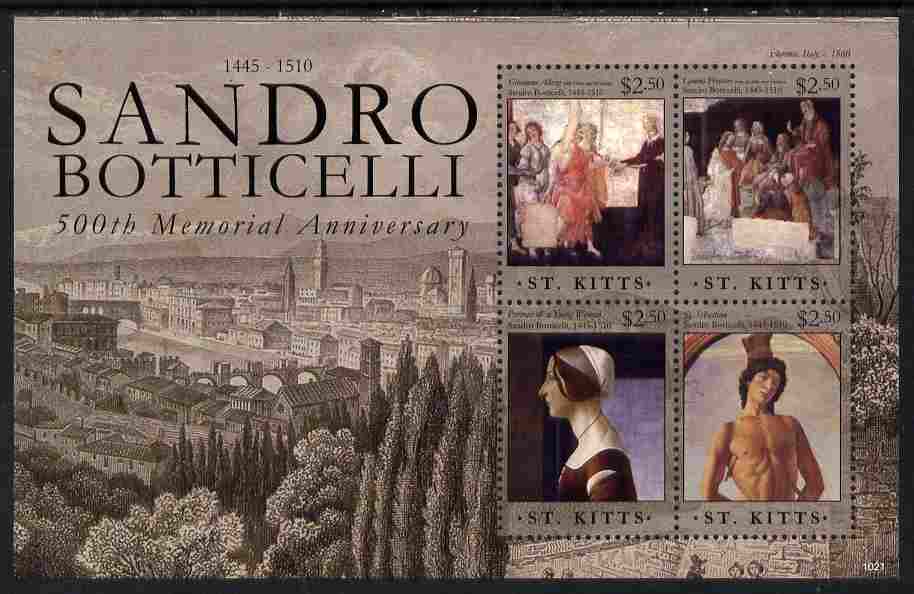 St Kitts 2010 500th Anniversary of Sandro Botticelli perf sheetlet containing 4 values unmounted mint, stamps on personalities, stamps on arts, stamps on botticelli