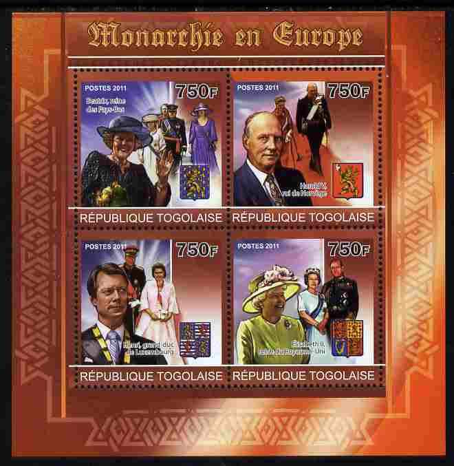 Togo 2011 European Monarchs #1 perf sheetlet containing 4 values unmounted mint, stamps on royalty, stamps on 