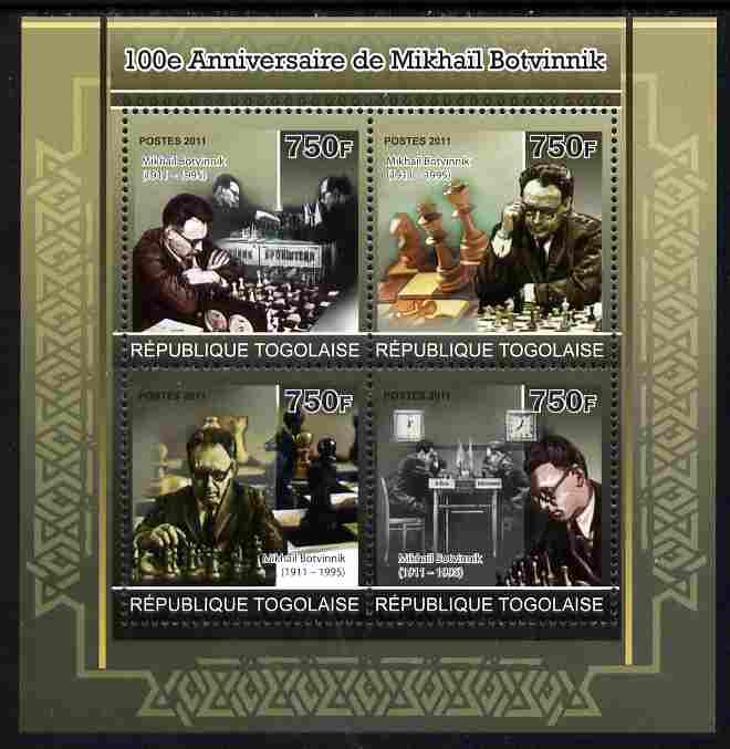 Togo 2011 Birth Centenary of Mikhail Botvinnik (chess) perf sheetlet containing 4 values unmounted mint, stamps on , stamps on  stamps on personalities, stamps on  stamps on chess
