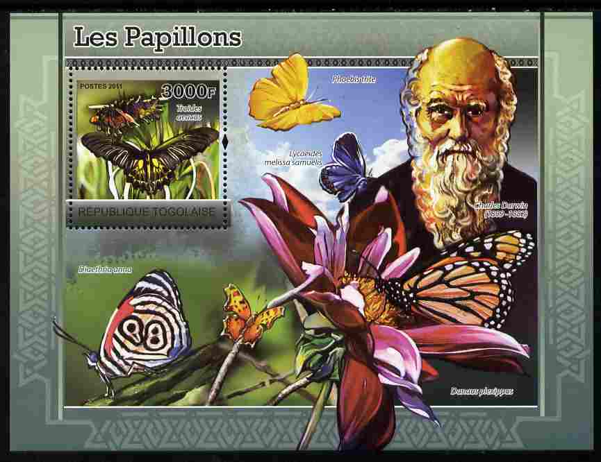 Togo 2011 Butterflies perf souvenir sheet unmounted mint, stamps on , stamps on  stamps on personalities, stamps on  stamps on darwin, stamps on  stamps on butterflies