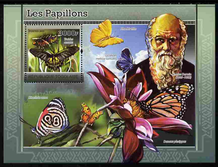 Togo 2011 Butterflies perf souvenir sheet unmounted mint, stamps on personalities, stamps on darwin, stamps on butterflies