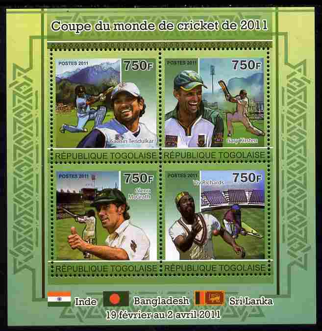 Togo 2011 Cricket World Cup perf sheetlet containing 4 values unmounted mint, stamps on , stamps on  stamps on sport, stamps on  stamps on cricket