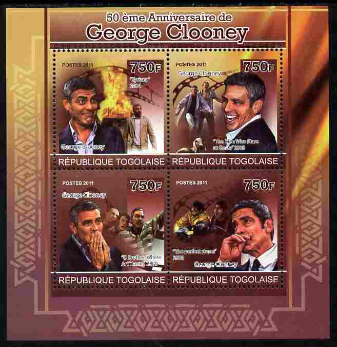 Togo 2011 50th Birth Anniversary of George Clooney perf sheetlet containing 4 values unmounted mint, stamps on , stamps on  stamps on personalities, stamps on  stamps on films, stamps on  stamps on movies, stamps on  stamps on cinema, stamps on  stamps on fire