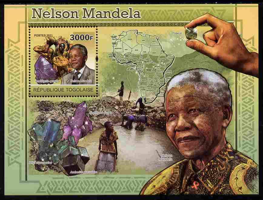 Togo 2011 Nelson Mandela & Minerals perf souvenir sheet unmounted mint, stamps on , stamps on  stamps on personalities, stamps on  stamps on mandela, stamps on  stamps on nobel, stamps on  stamps on peace, stamps on  stamps on racism, stamps on  stamps on human rights, stamps on  stamps on minerals, stamps on  stamps on maps