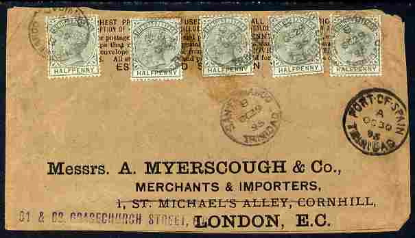 Trinidad 1895 cover to London bearing 5 x QV 1/2d tied San Fernando cds with Port of Spain alongside, stamps on 