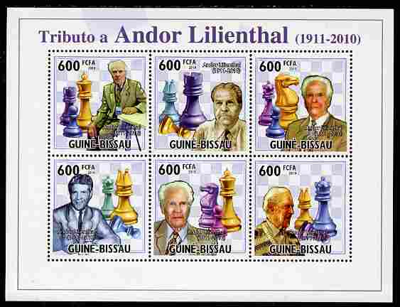 Guinea - Bissau 2010 Chess - Tribute to Andor Lilienthal perf sheetlet containing 6 values unmounted mint, Michel 5151-57, stamps on , stamps on  stamps on personalities, stamps on  stamps on chess