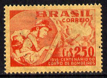 Brazil 1956 Firemen's Corps (buff paper) unmounted mint SG 941a, stamps on fire, stamps on rescue
