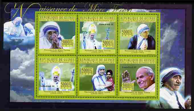 Guinea - Conakry 2010 Birth Anniversary of Mother Teresa #1 perf sheetlet containing 6 values unmounted mint, Michel 7697-7702, stamps on personalities, stamps on women, stamps on pope, stamps on human rights, stamps on peace, stamps on nobel, stamps on teresa