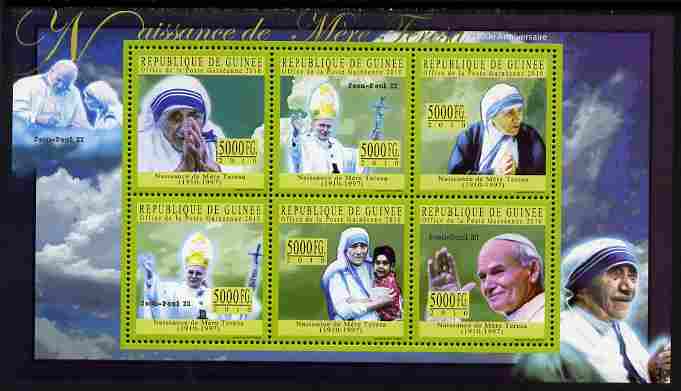 Guinea - Conakry 2010 Birth Anniversary of Mother Teresa #1 perf sheetlet containing 6 values unmounted mint, Michel 7697-7702, stamps on , stamps on  stamps on personalities, stamps on  stamps on women, stamps on  stamps on pope, stamps on  stamps on human rights, stamps on  stamps on peace, stamps on  stamps on nobel, stamps on  stamps on teresa