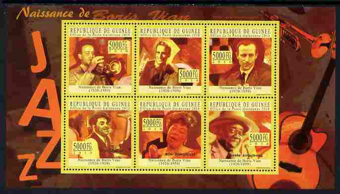 Guinea - Conakry 2010 Birth Anniversary of Boris Vian (jazz) perf sheetlet containing 6 values unmounted mint, Michel 7711-16, stamps on personalities, stamps on music, stamps on jazz, stamps on literature, stamps on poetry, stamps on ella, stamps on louis armstrong, stamps on 