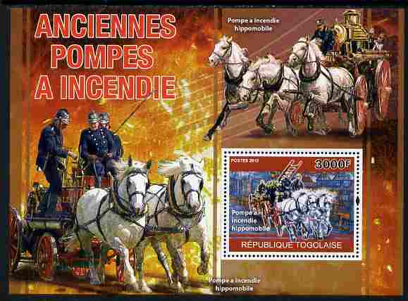 Togo 2010 Old Fire Engines perf s/sheet unmounted mint, Yvert 437, stamps on transport, stamps on fire, stamps on horses