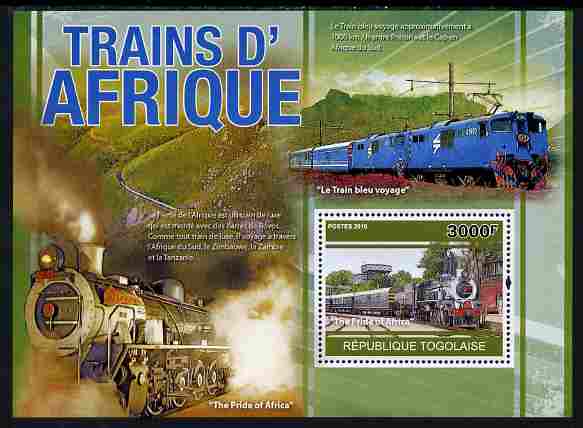 Togo 2010 African Trains perf s/sheet unmounted mint, Yvert 442, stamps on transport, stamps on railways