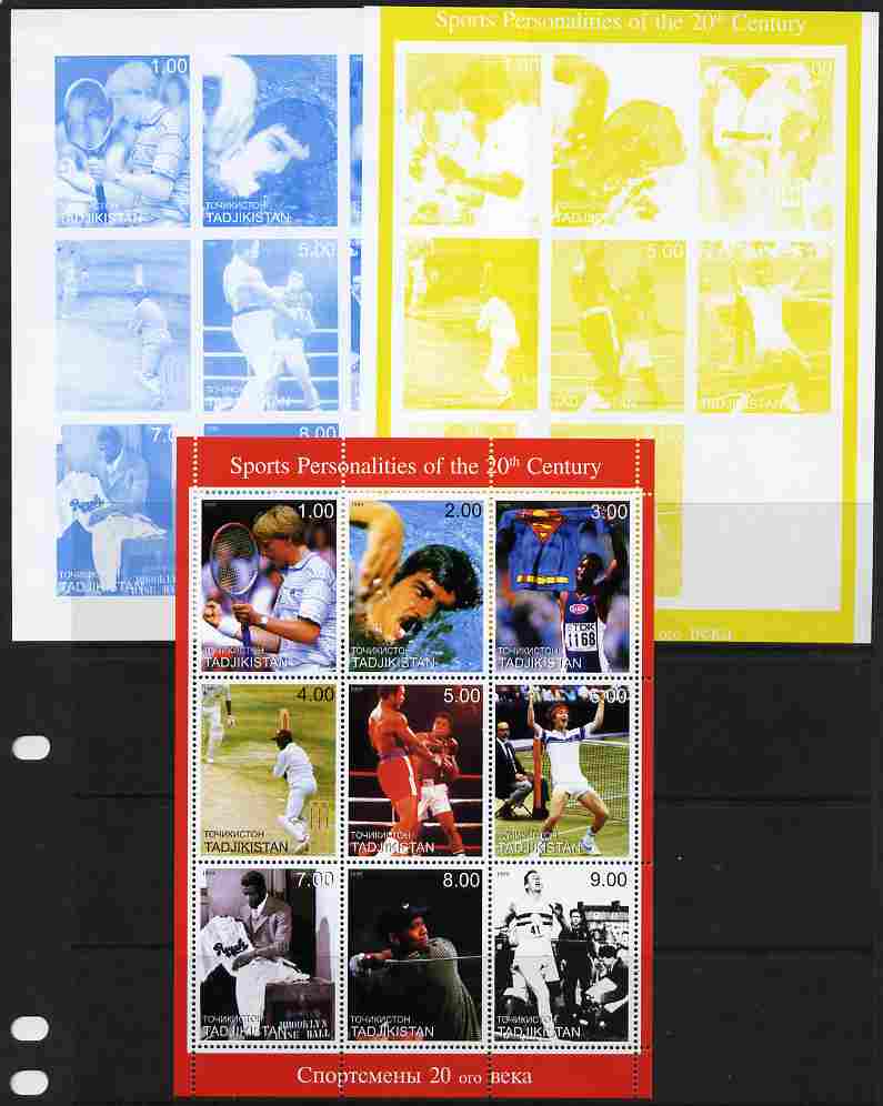 Tadjikistan 1999 Sports Personalities of the 20th Century sheetlet containing 9 values - imperf progressive proofs in blue & yellow colours only plus all 4-colour perf composite, unmounted mint , stamps on , stamps on  stamps on sport, stamps on  stamps on tennis, stamps on  stamps on swimming, stamps on  stamps on cricket, stamps on  stamps on boxing, stamps on  stamps on golf, stamps on  stamps on running, stamps on  stamps on millennium, stamps on  stamps on baseball