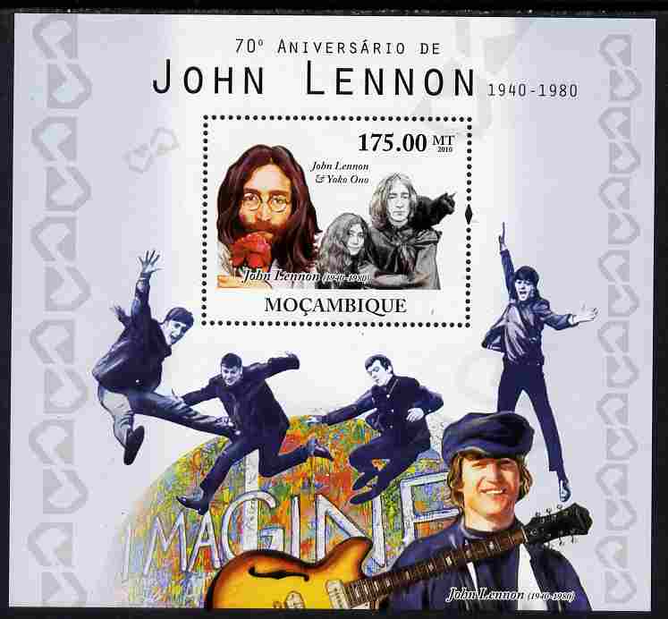 Mozambique 2010 70th Birth Anniversary of John Lennon perf s/sheet unmounted mint, stamps on , stamps on  stamps on personalities, stamps on  stamps on beatles, stamps on  stamps on music, stamps on  stamps on rock, stamps on  stamps on pops