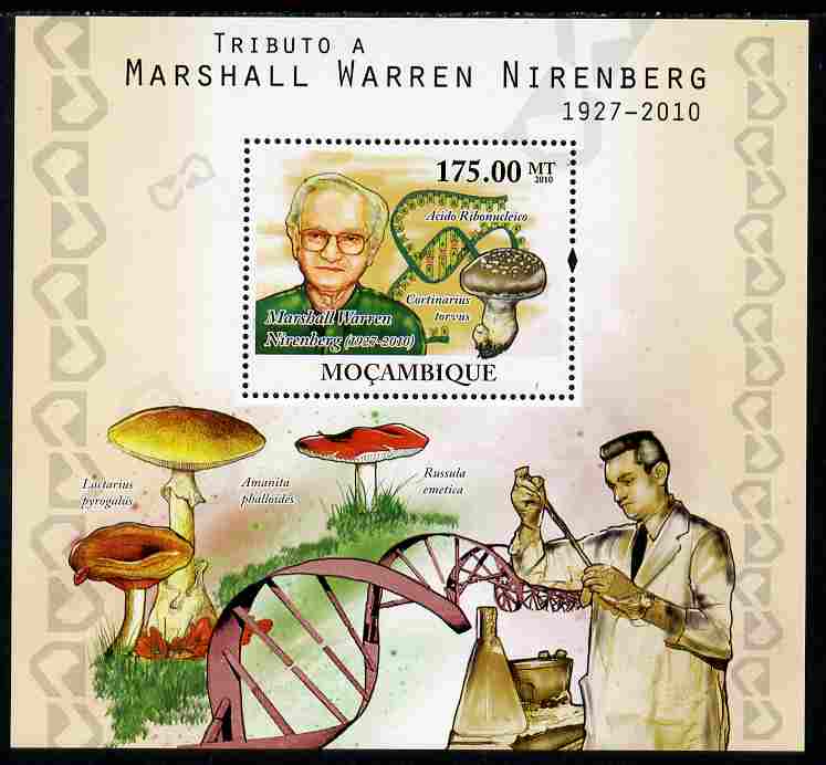 Mozambique 2010 Tribute to Marshall Warren Nirenberg (biochemist) perf s/sheet unmounted mint, stamps on , stamps on  stamps on personalities, stamps on  stamps on chemistry, stamps on  stamps on nobel, stamps on  stamps on fungi, stamps on  stamps on  dna , stamps on  stamps on 