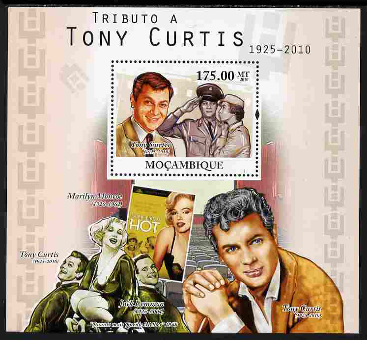 Mozambique 2010 Tribute to Tony Curtis (actor) perf s/sheet unmounted mint, stamps on , stamps on  stamps on personalities, stamps on  stamps on films, stamps on  stamps on movies, stamps on  stamps on cinema, stamps on  stamps on marilyn, stamps on  stamps on monroe