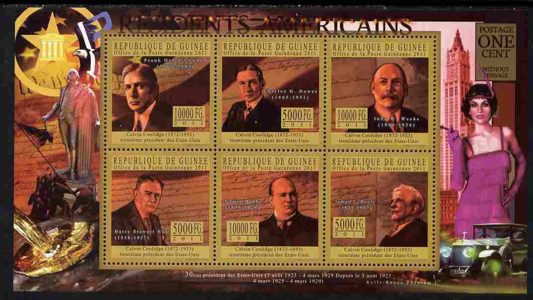 Guinea - Conakry 2010-11 Presidents of the USA #30 - Calvin Coolidge perf sheetlet containing 6 values unmounted mint , stamps on americana, stamps on usa presidents, stamps on coolidge, stamps on constitutions, stamps on 
