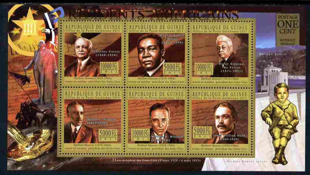 Guinea - Conakry 2010-11 Presidents of the USA #31 - Herbert Hoover perf sheetlet containing 6 values unmounted mint , stamps on americana, stamps on usa presidents, stamps on hoover, stamps on constitutions, stamps on 