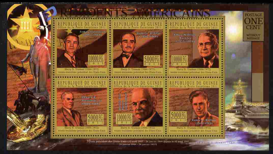 Guinea - Conakry 2010-11 Presidents of the USA #33 - Harry S Truman perf sheetlet containing 6 values unmounted mint , stamps on americana, stamps on usa presidents, stamps on truman, stamps on constitutions, stamps on flat tops, stamps on  ww2 , stamps on 