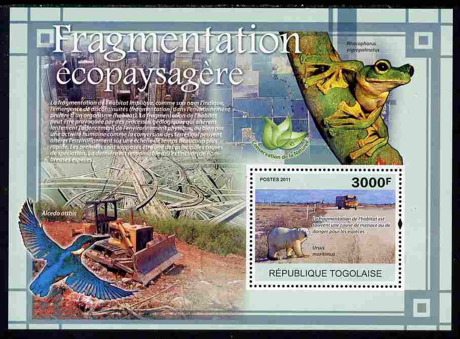 Togo 2011 Environment - Fragmentation of Habitat - Animals perf s/sheet unmounted mint, stamps on , stamps on  stamps on environment, stamps on  stamps on animals, stamps on  stamps on bears, stamps on  stamps on frogs, stamps on  stamps on buses, stamps on  stamps on roads, stamps on  stamps on birds