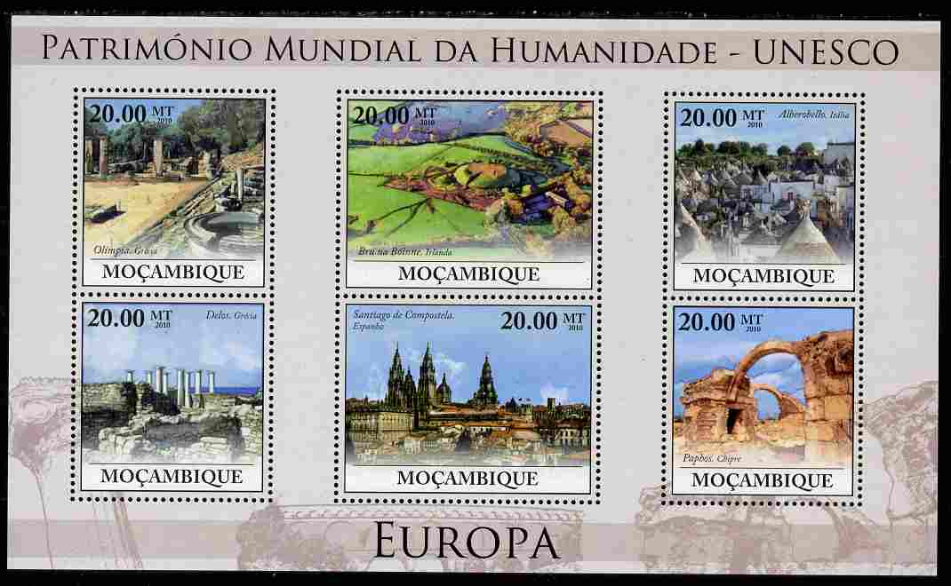 Mozambique 2010 UNESCO World Heritage Sites - Europe #3 perf sheetlet containing 6 values unmounted mint, Yvert 3188-93, stamps on tourism, stamps on unesco, stamps on heritage